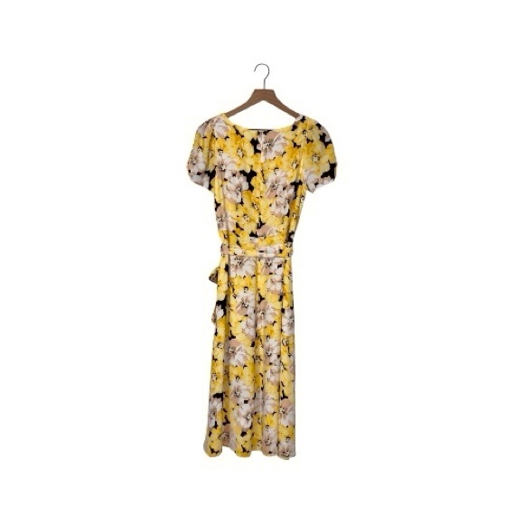 Talbots. Black Yellow Floral Print Button-Front Short Sleeves Midi Dress 4 - Picture 3 of 9
